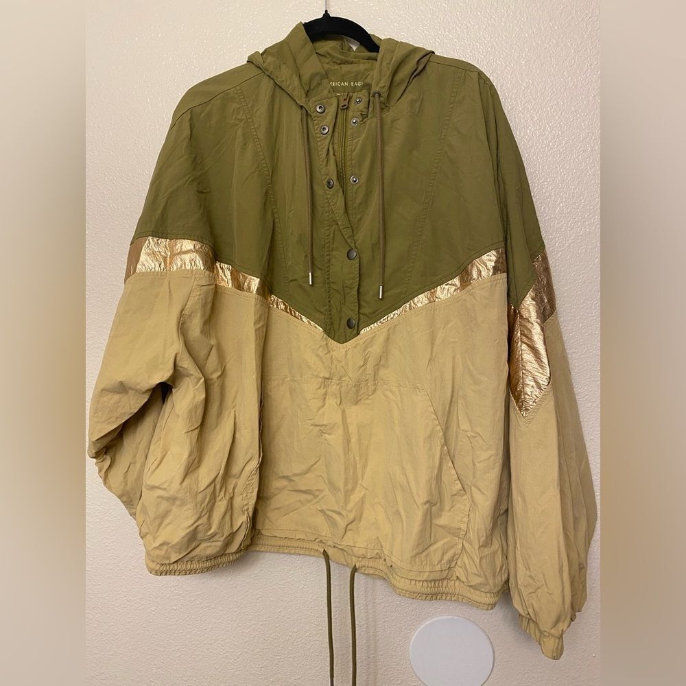American Eagle Outfitters Olive Green and Tan Hooded Windbreaker with Gold Trim